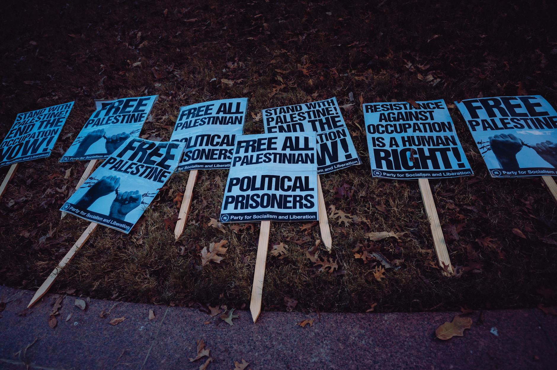 antiwar banners on grass